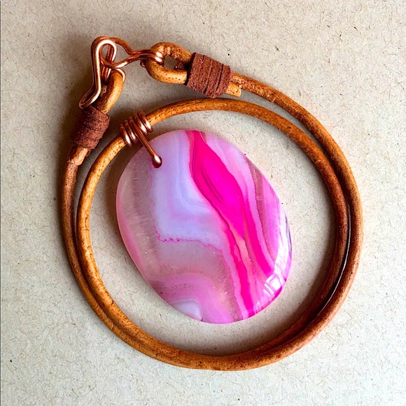 Handmade Jewelry - NEW Polished Agate Stone Pendant Copper Wire Wrap 16" Boho Choker Necklace